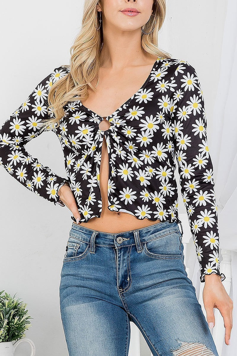 Floral print front tie long sleeve top (EF3427)