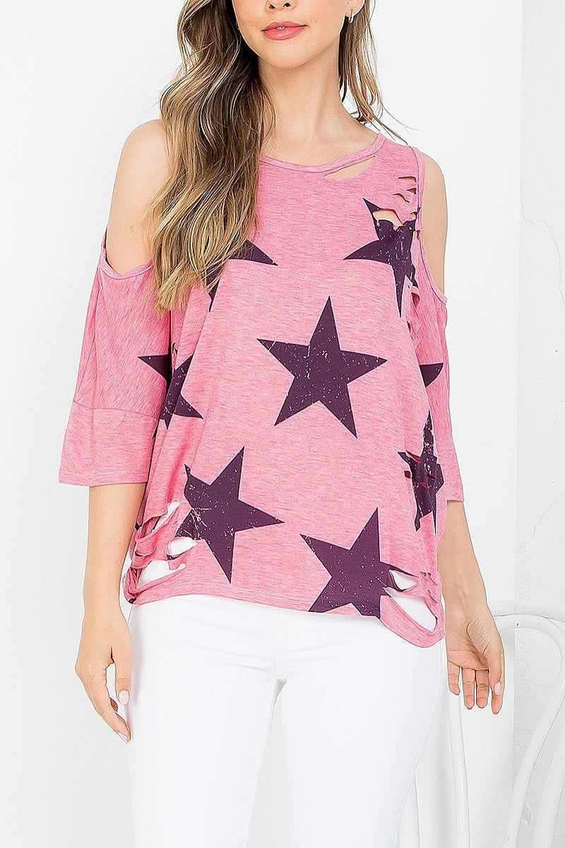 Stars print cold shoulder scoop neck distressed batwing top (EF3695)