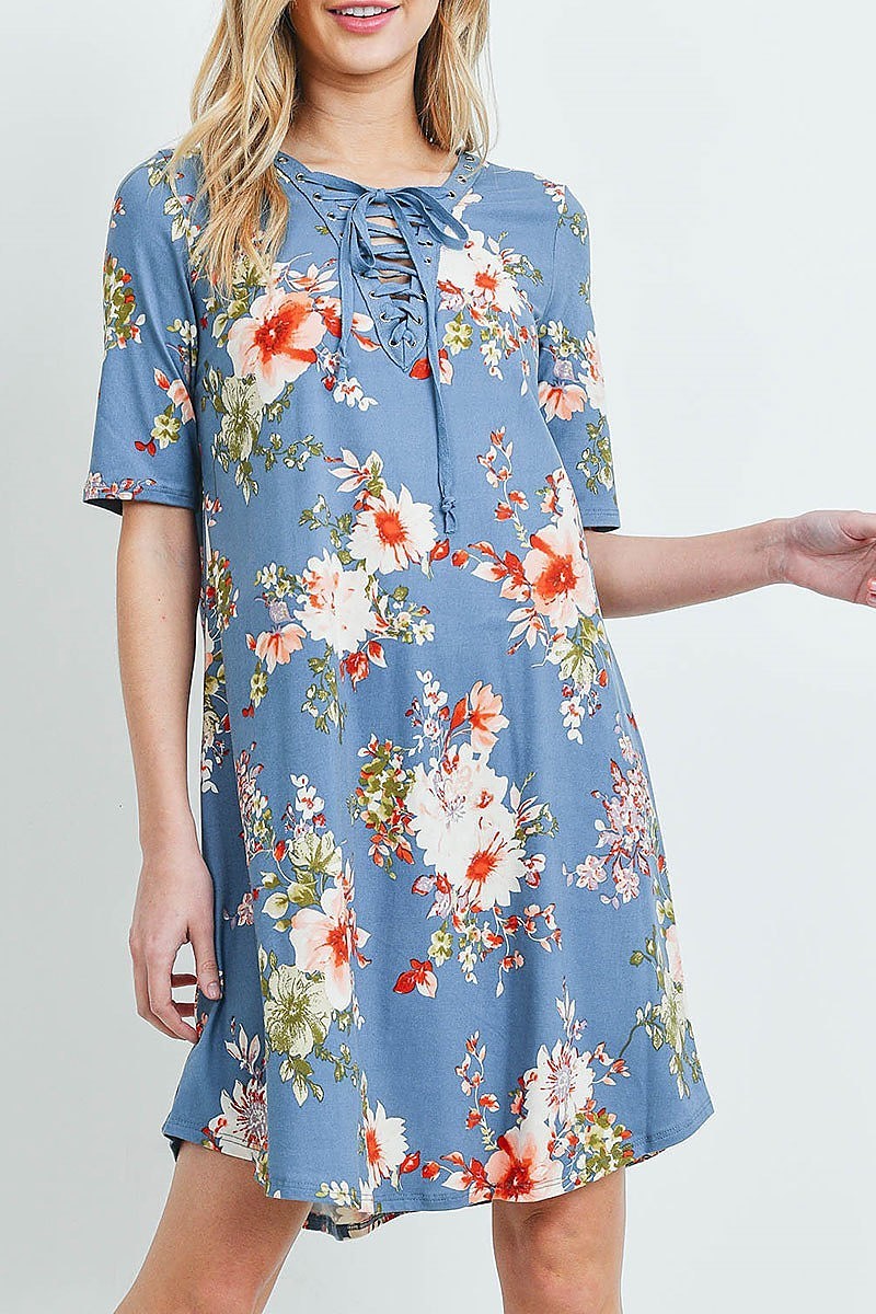 Lace up detail floral print tunic dress (DED5914-LAST)