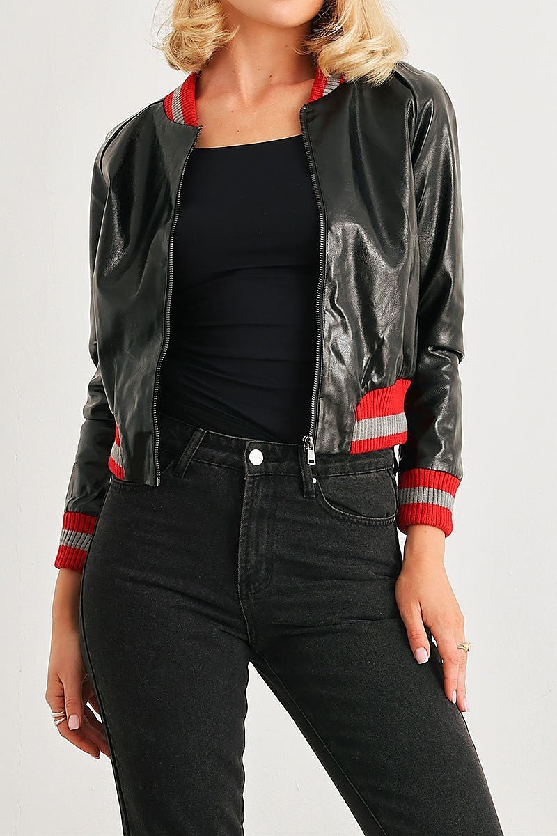 Ribbed vegan leather bomber jacket (TEDT2079)