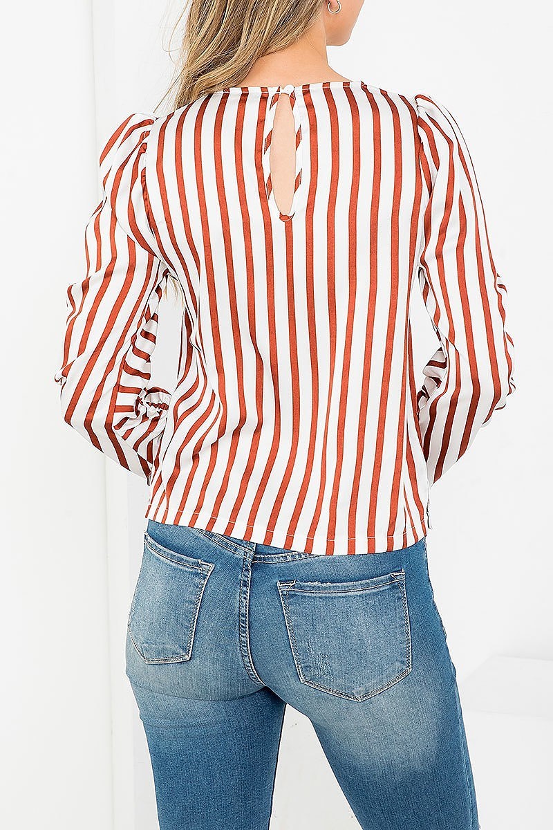 Stripes print round neck ruched long sleeve top (EF3547)