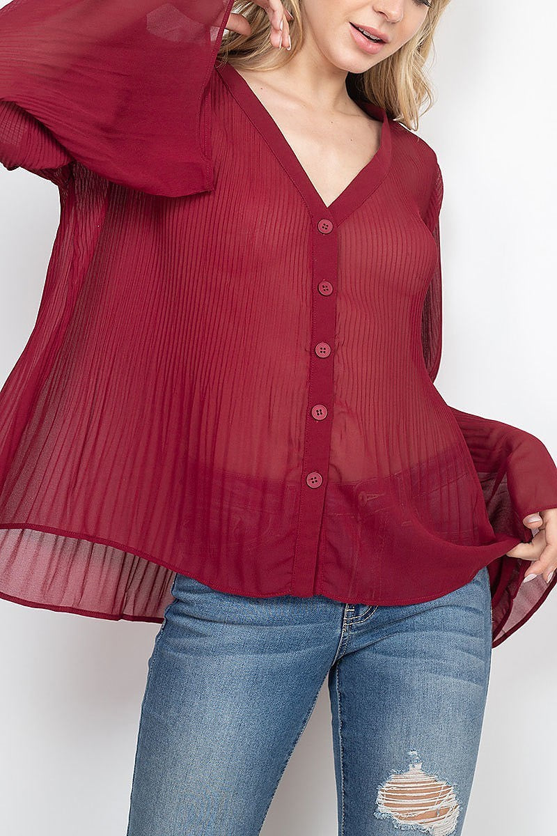 V neck pleated button front sheer top (ED7937-1)