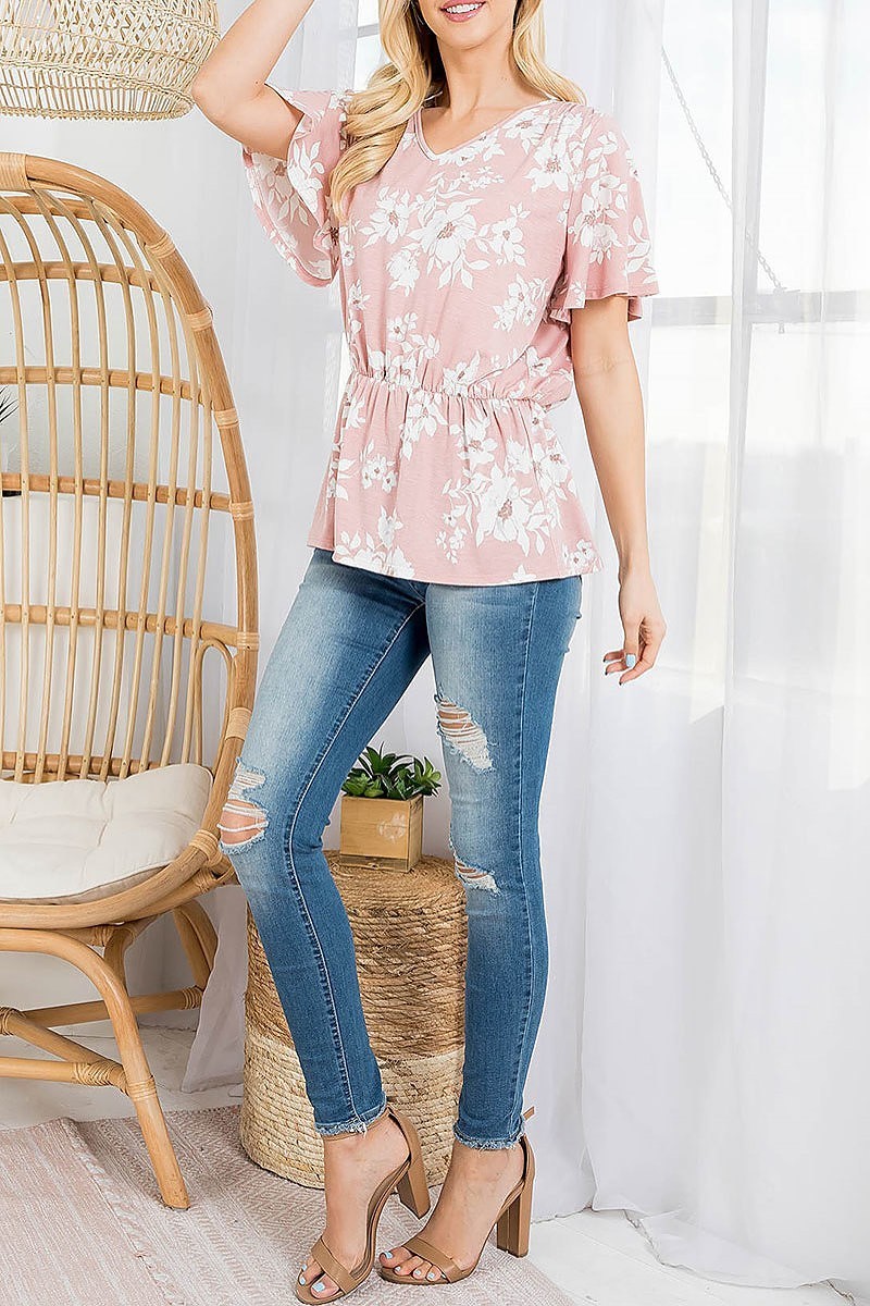 V neck bell sleeve floral cinch waist top (EF3119)