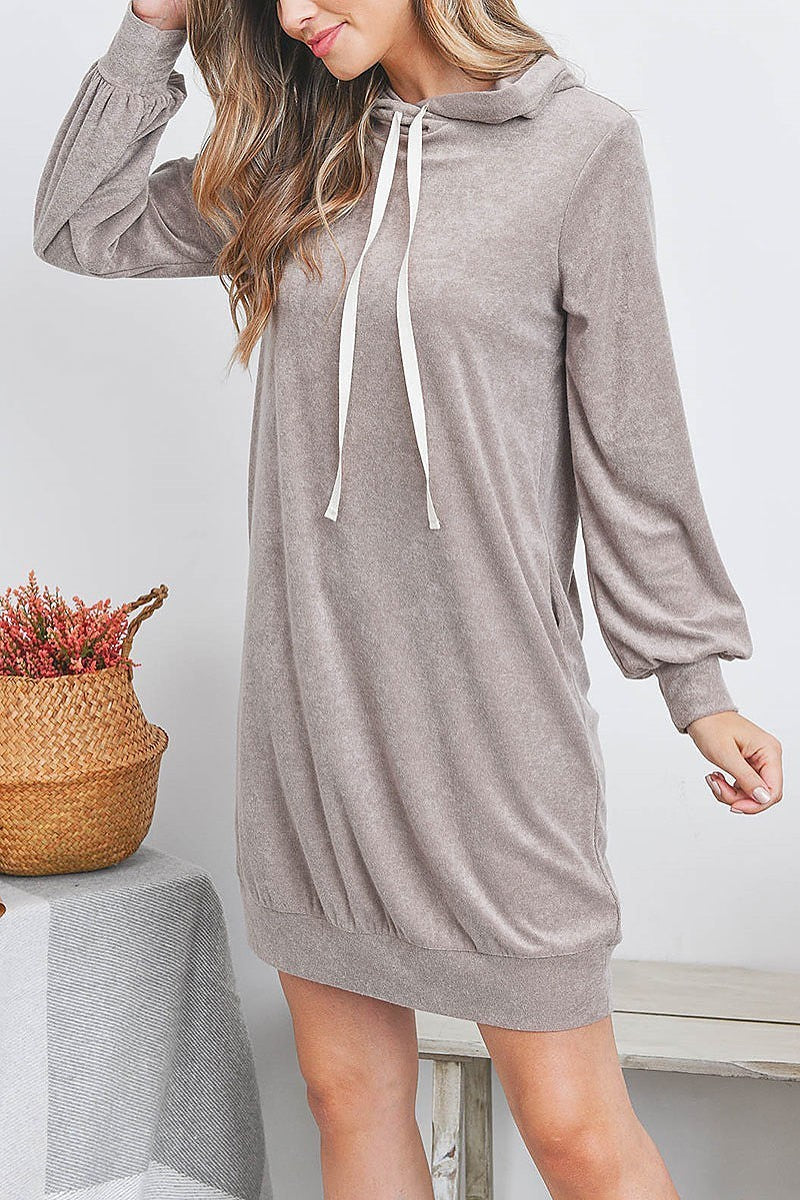 Puff sleeve hoodie dress with self tie (DED7129)