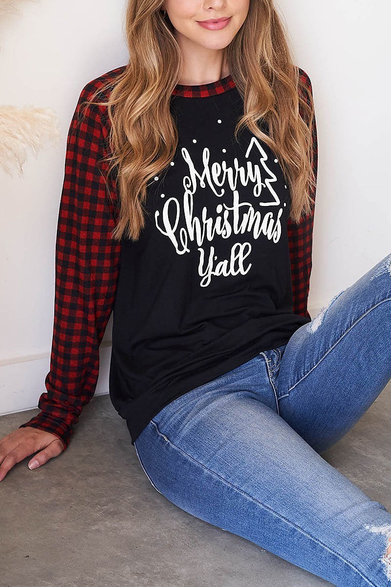 Plaid raglan merry christmas print top (EF2533)