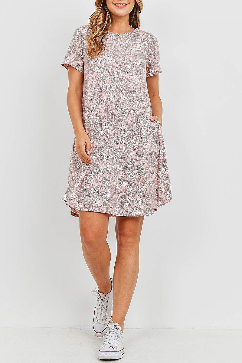 Short sleeves paisley round hem pocket dress (DED6353)