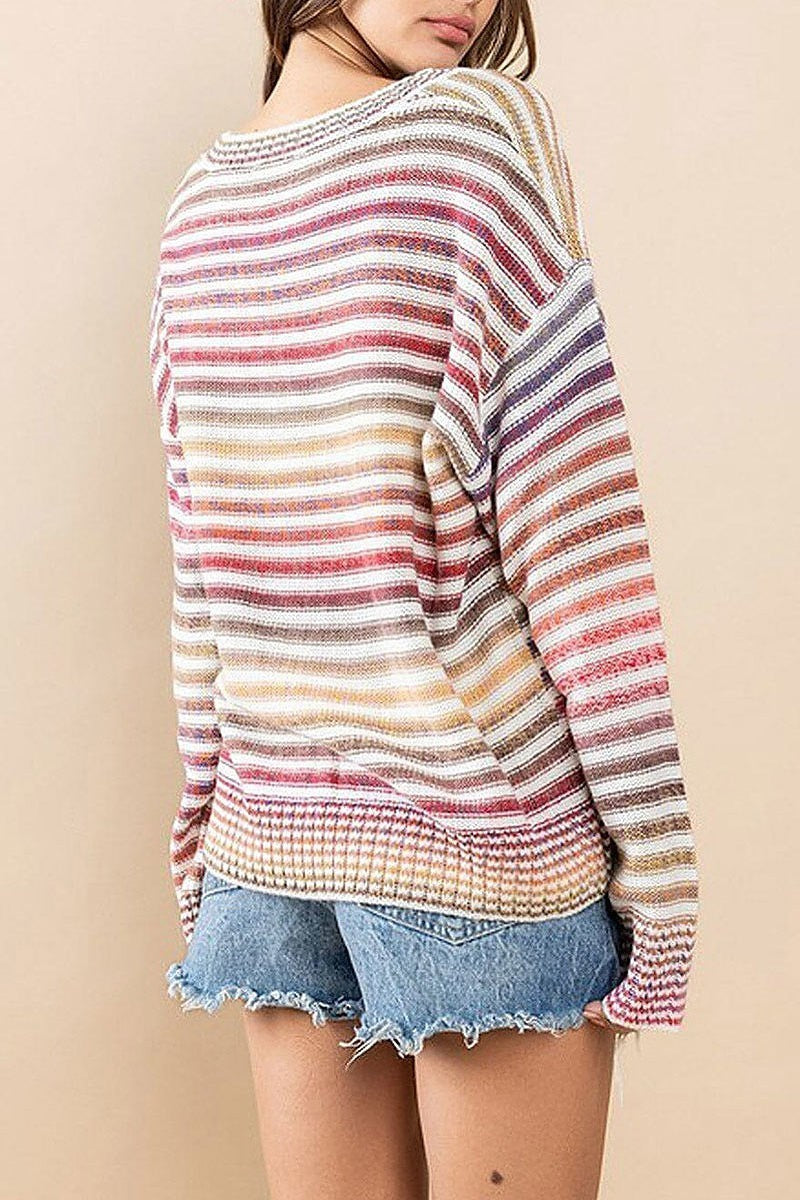 Long sleeve multi color stripes sweater (EFWT6252)