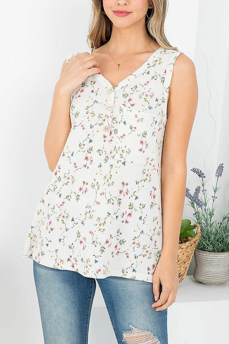 Floral print v neck button front top (EF3793)