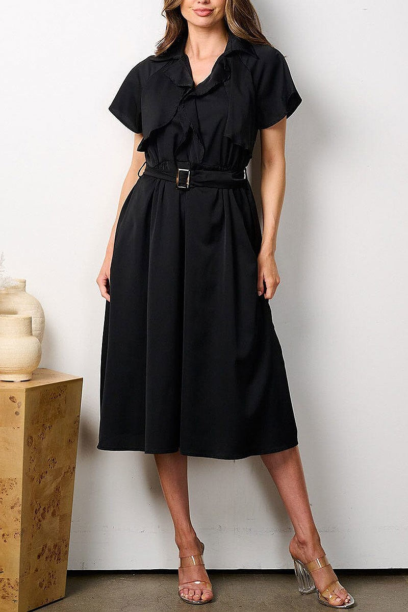 Short sleeves ruffle belted midi dress (EFWT7756)