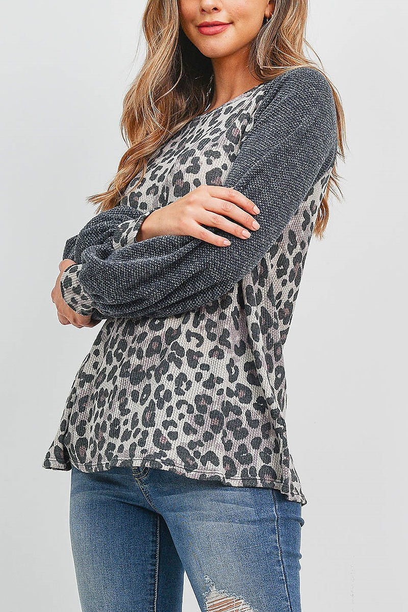 Rib puff sleeves drake leopard top (EF1874)