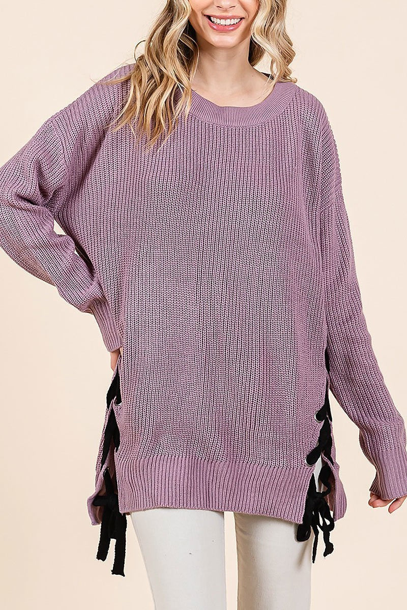 Crew neck drop shoulder sweater with lace up (EDH2127)