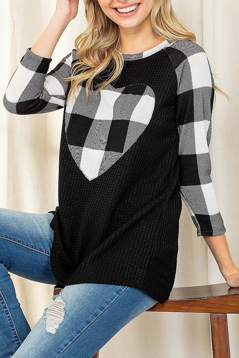 Plaid heart print quarter sleeve waffle top (EF2734)