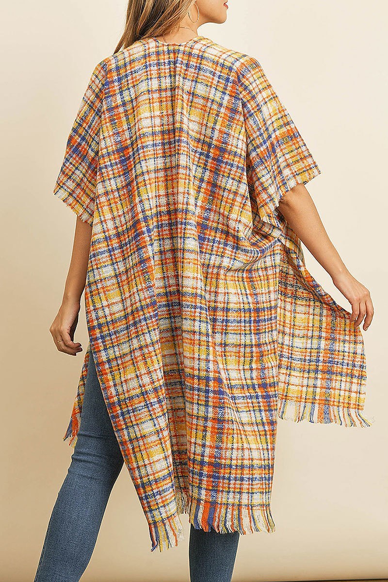 Plaid fringe detail poncho kimono (DGS4964)