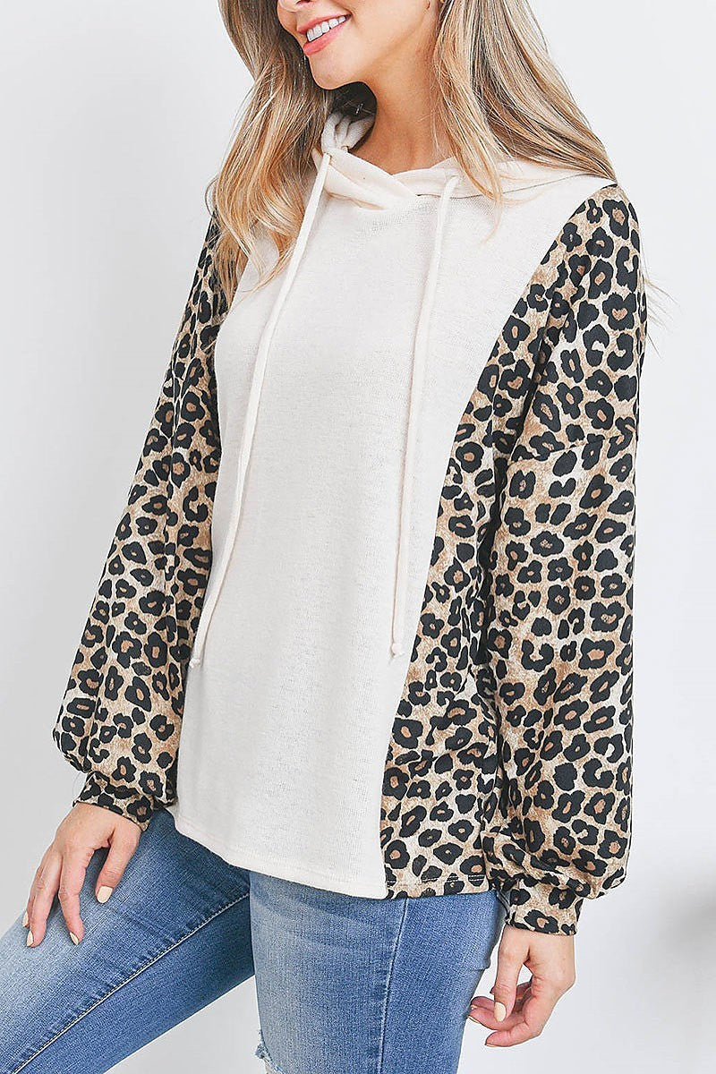 Leopard sleeve side contrast hoddie with self tie (EF2887)