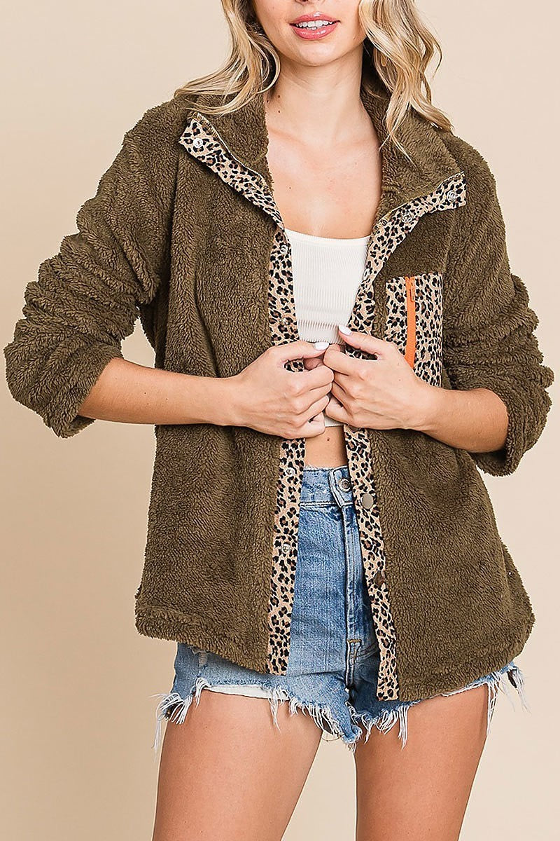 Faux fur buttoned down jacket with leopard placket (EDH1875-1)