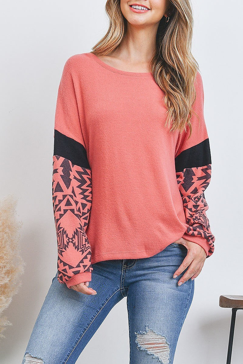 Aztec print color block bubble sleeve top (EF2484)