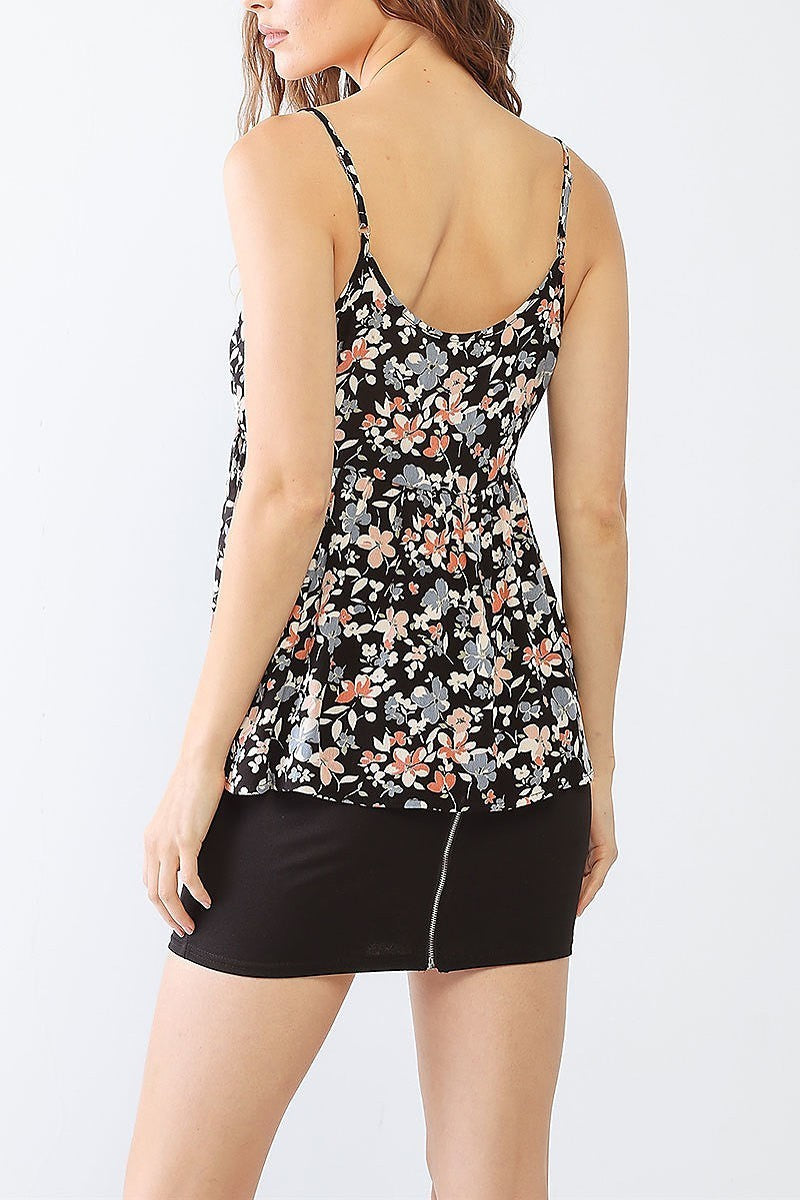 Floral print v neck flare hem top (TED1319)