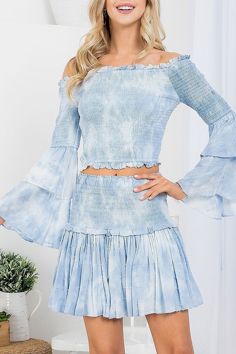 Tie dye off shoulder bell sleeve top and skirt set (EF3415)