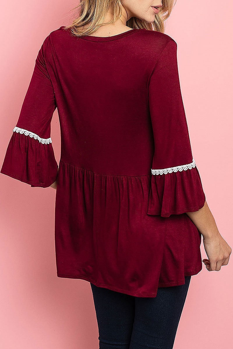 Lace trim bell sleeve round neck baby doll top (ED7908)