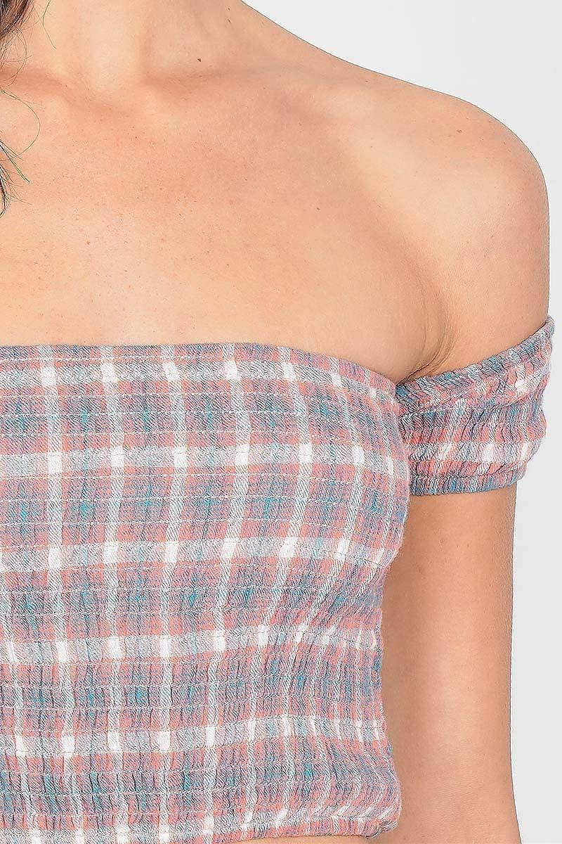 Checkered cotton chic off shoulder crop top (TDG5892)