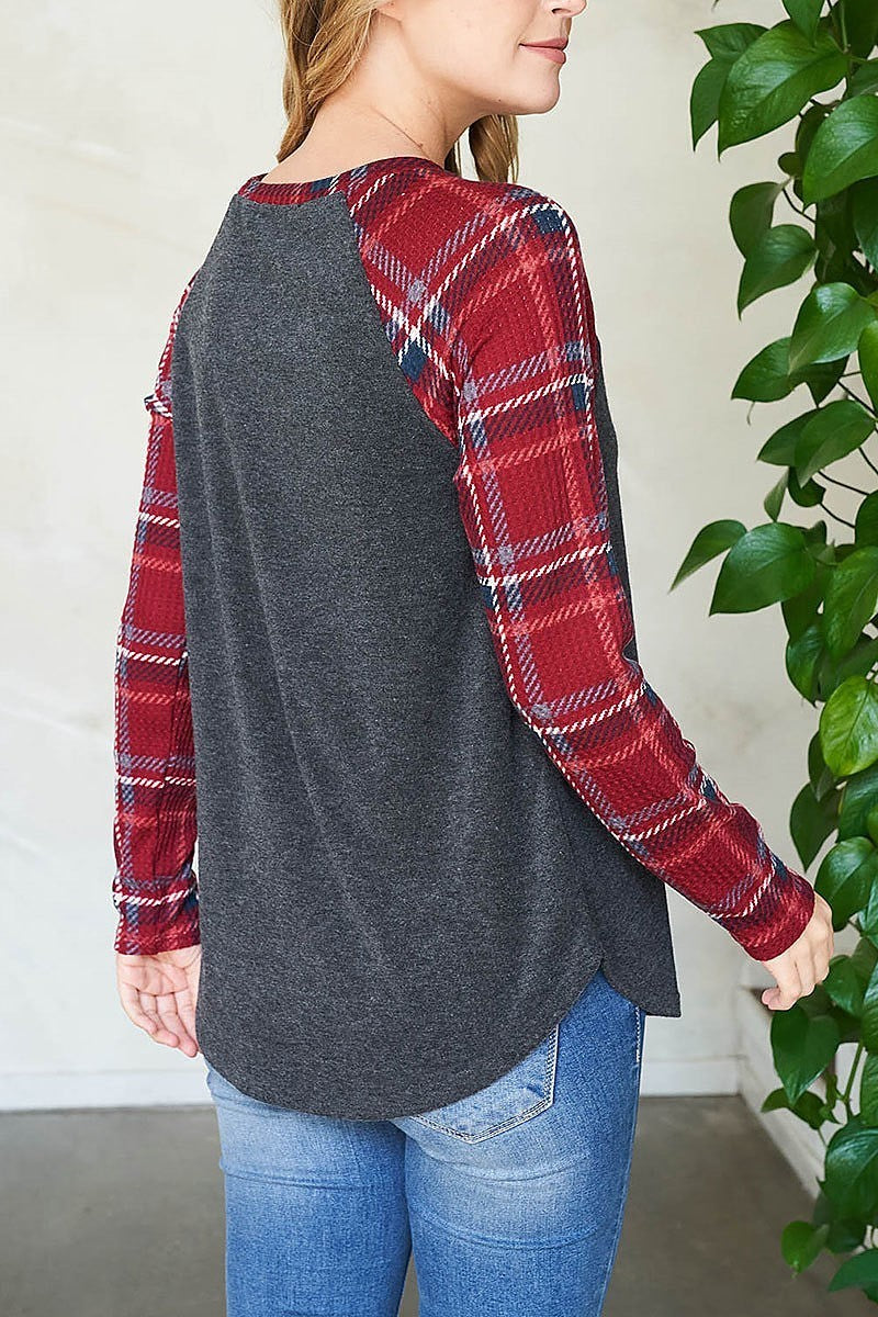 Plaid pocket and sleeves loop terry top (EF2732)