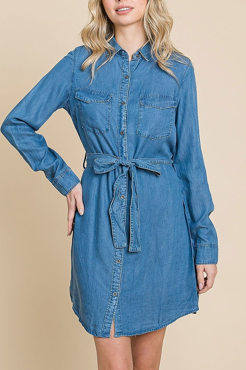 Chambray button-down collared dress with waist tie (EDH1633)