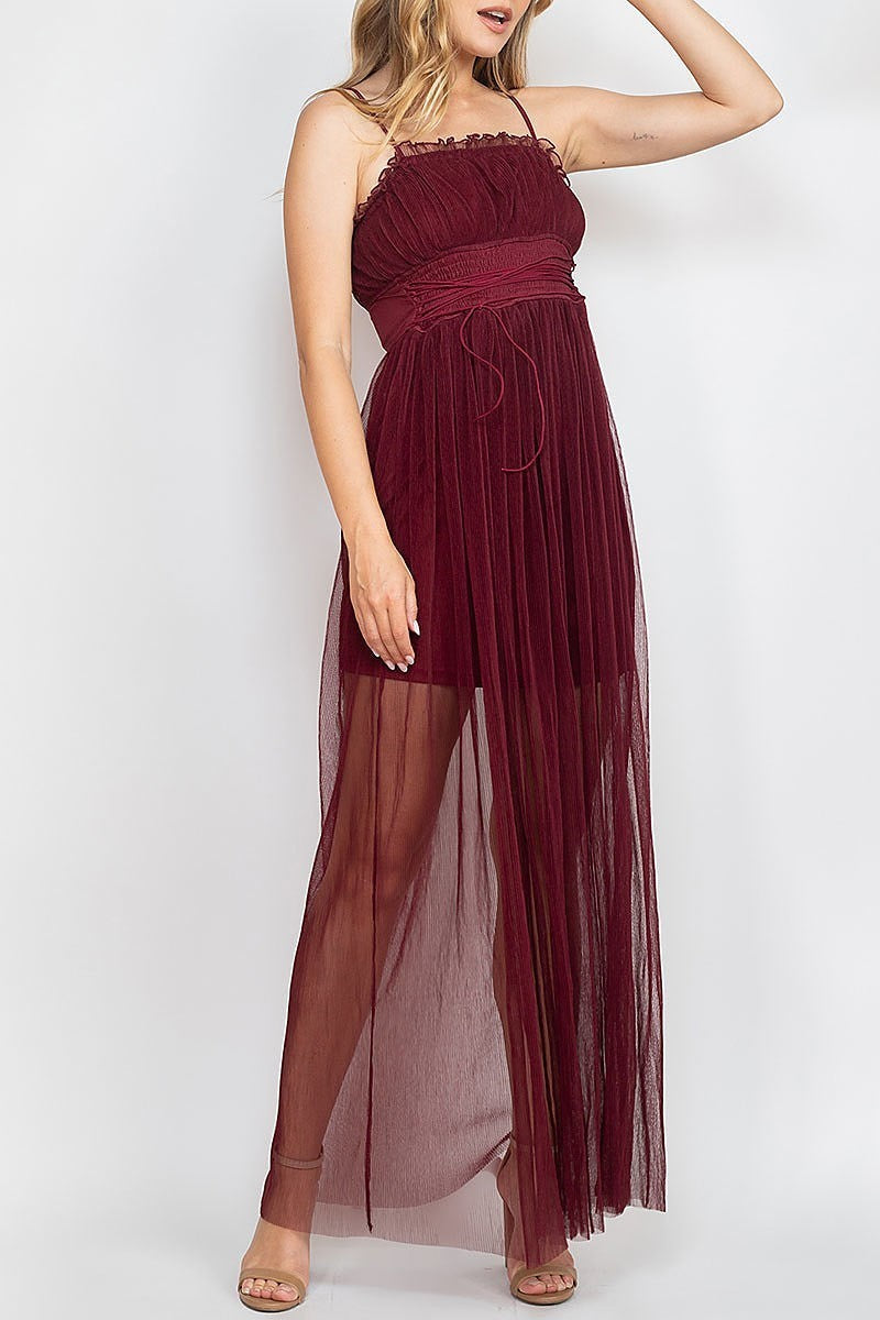 Lace up smoked waist ruched sheer maxi dress (DED6743)