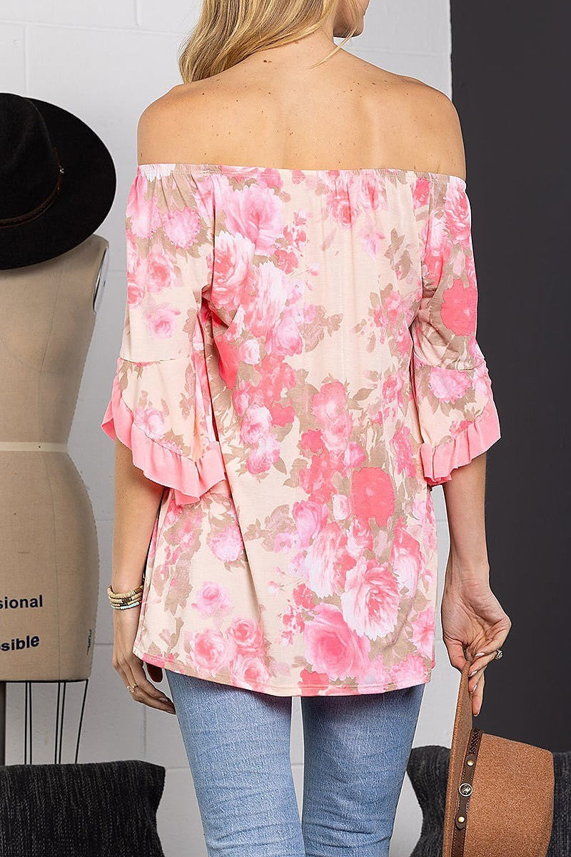 Off shoulder 3/4 ruffled bell sleeves top (EDSW3900)