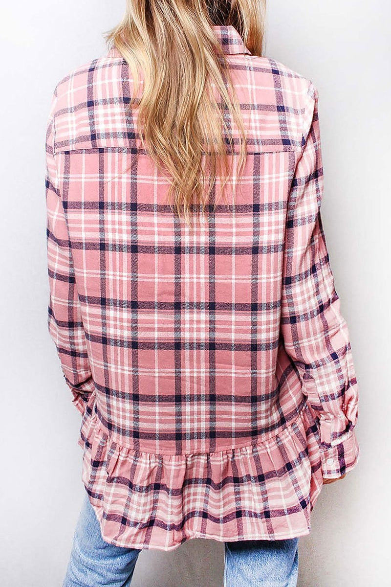 Ruffle hem button front plaid top (SDG2997)