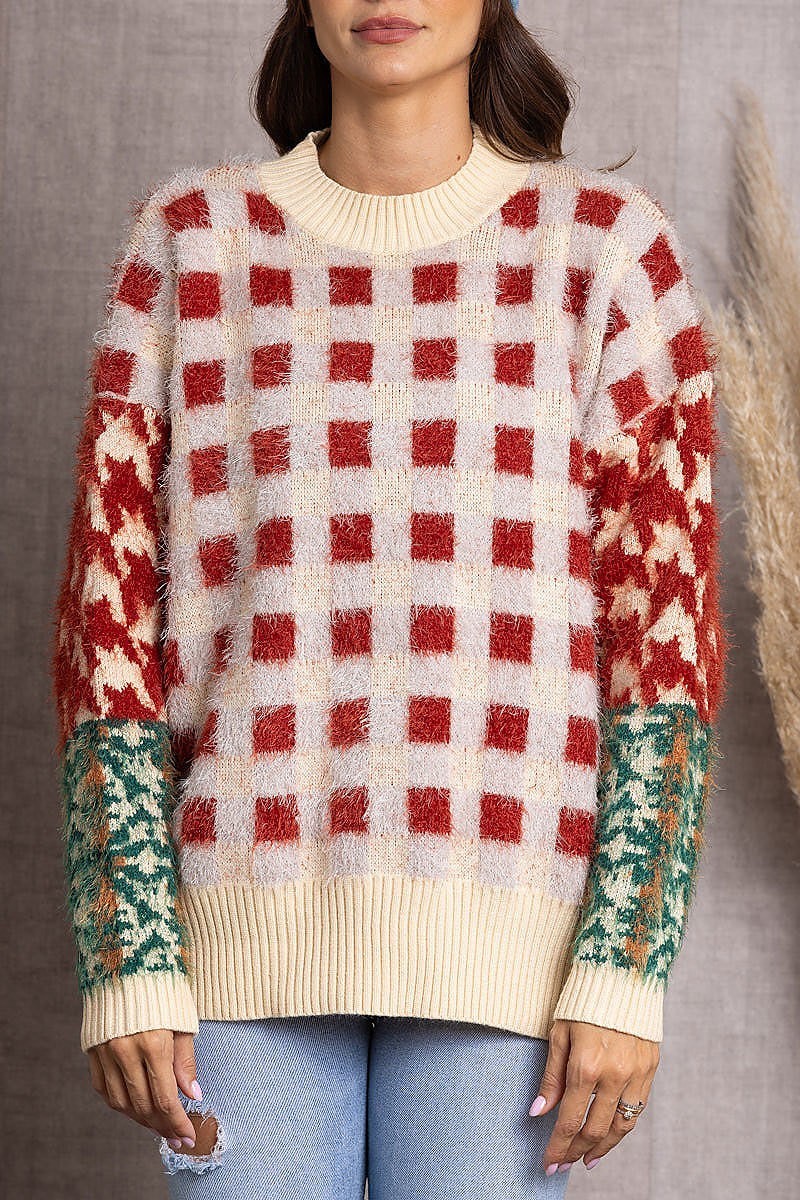 Fuzzy plaid wrap sweater (EDSW3634)