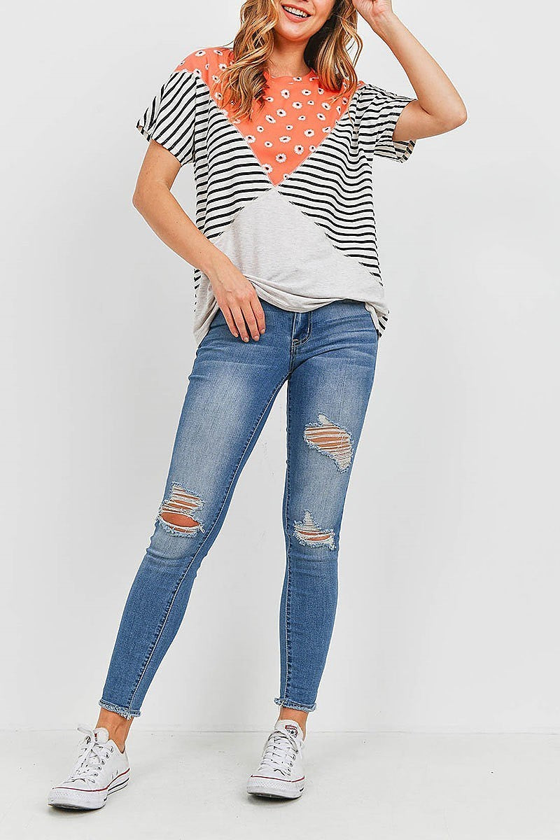 Mix floral stripe color block top (EF1613)