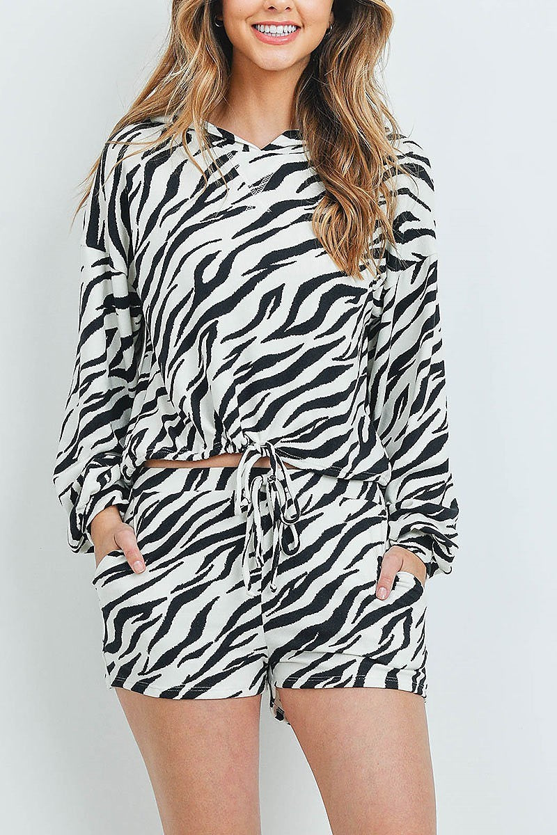 Zebra print hoodie top and short set (ED8746)