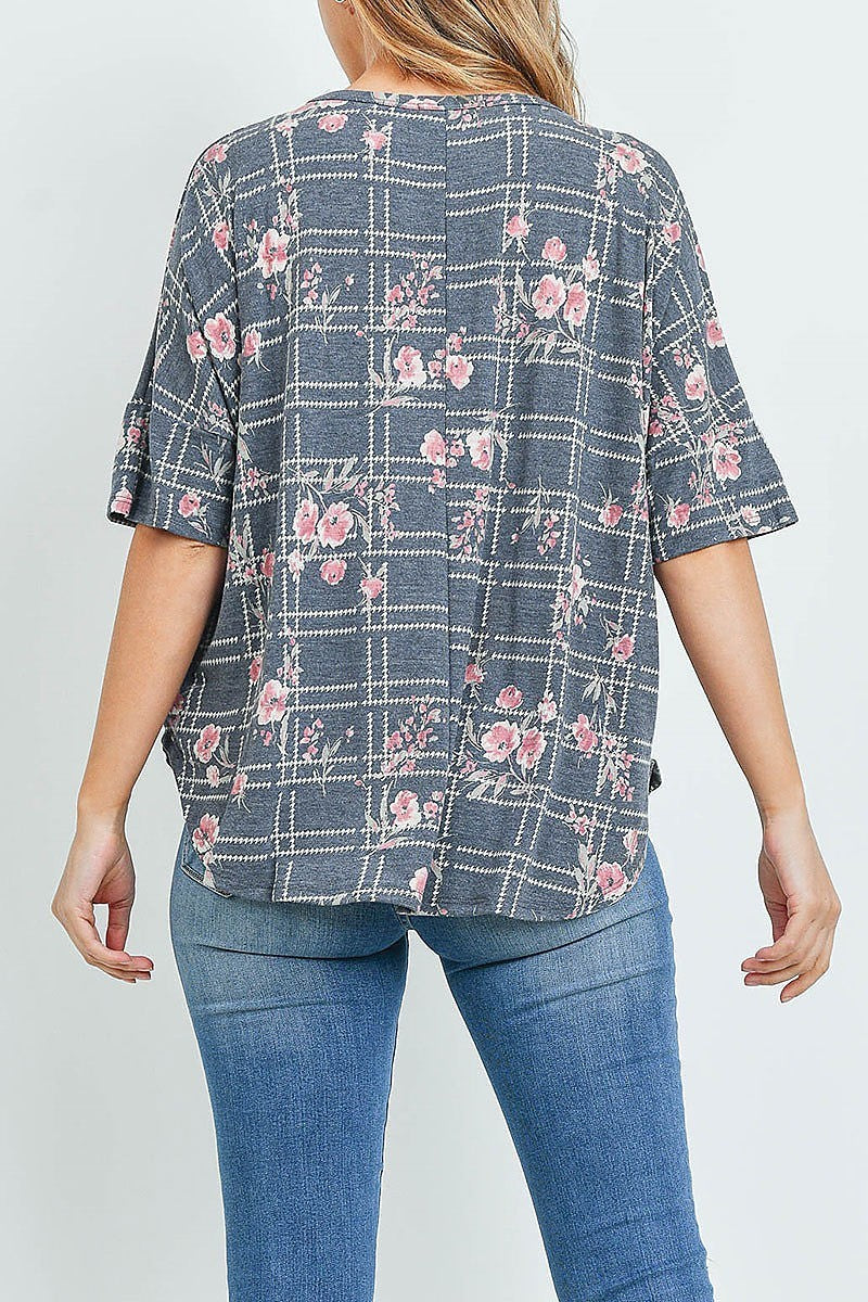 V neck floral plaid print top (ED9272)