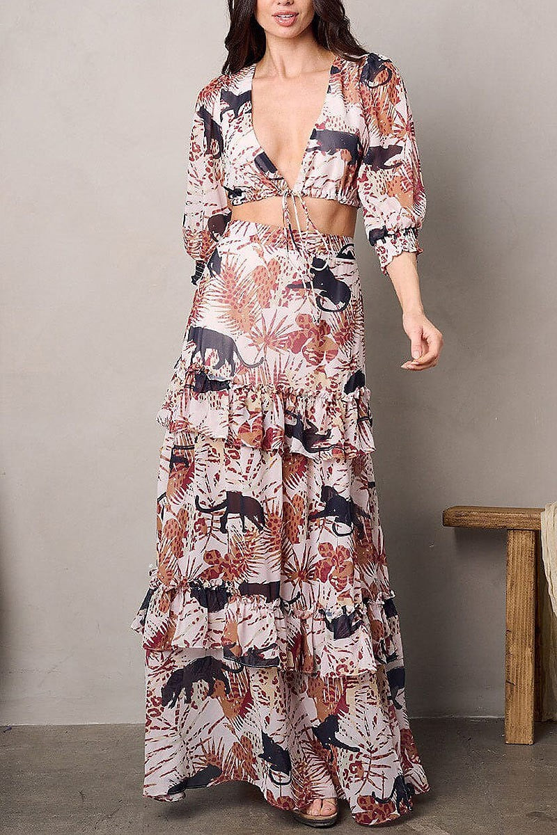 Quarter sleeves top and maxi skirt print sets (EFWT2070)