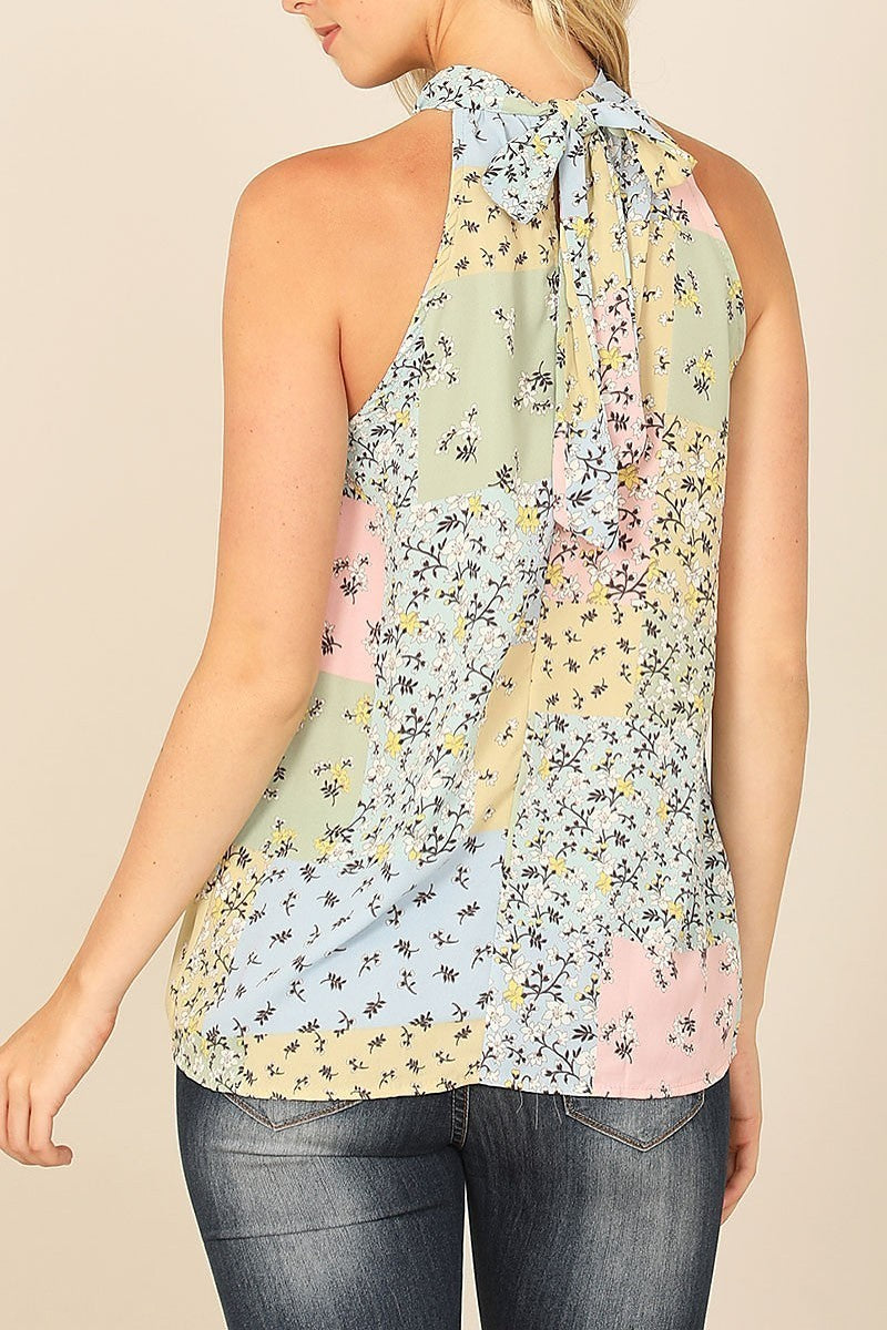 Keyhole halter neck tie color block floral top (EF7723)