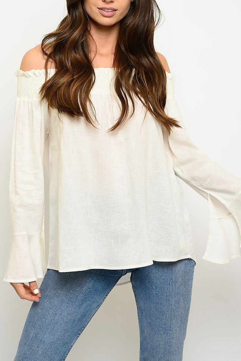 Off shoulder smoked detial bell sleeve top (EDWT3062)