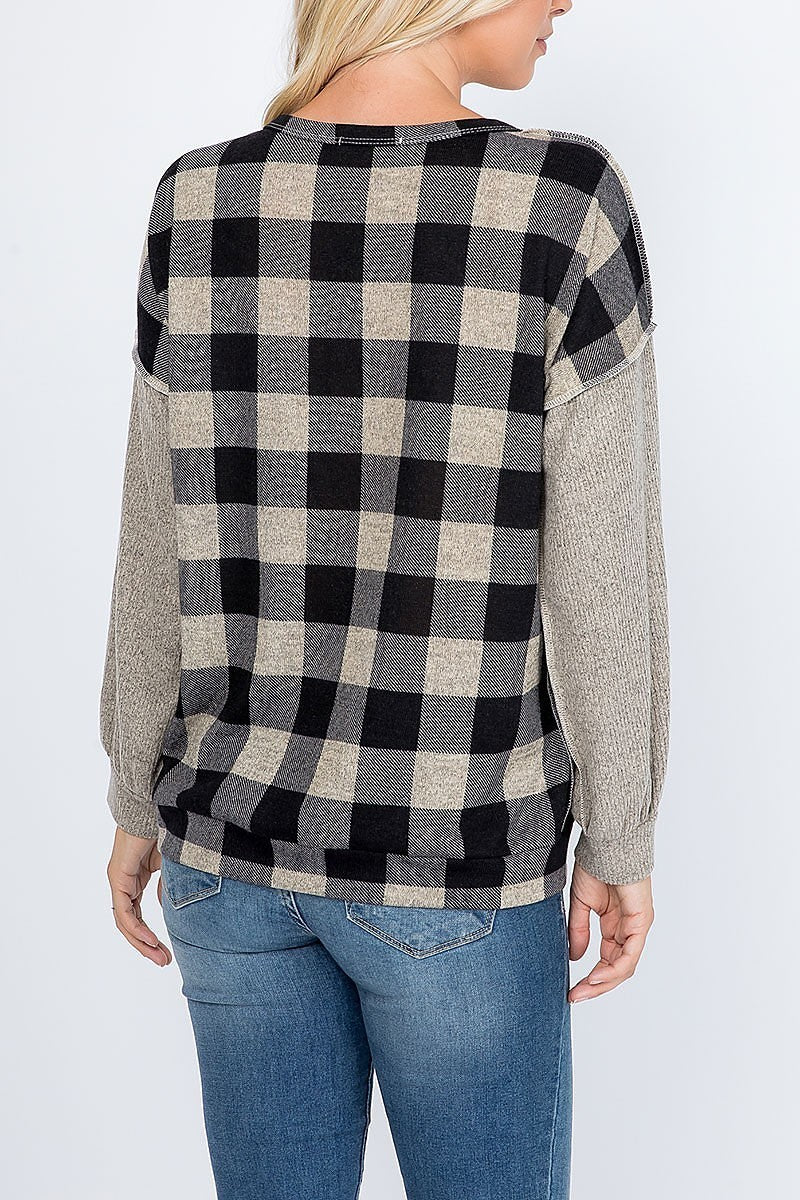 Overlock stitch plaid long sleeve top (EF7894)