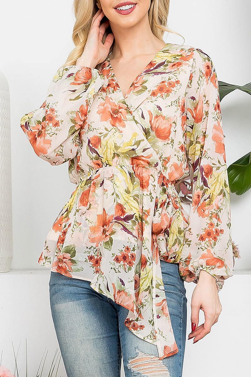 Floral surplice neckling elastic waist top (EF5087)