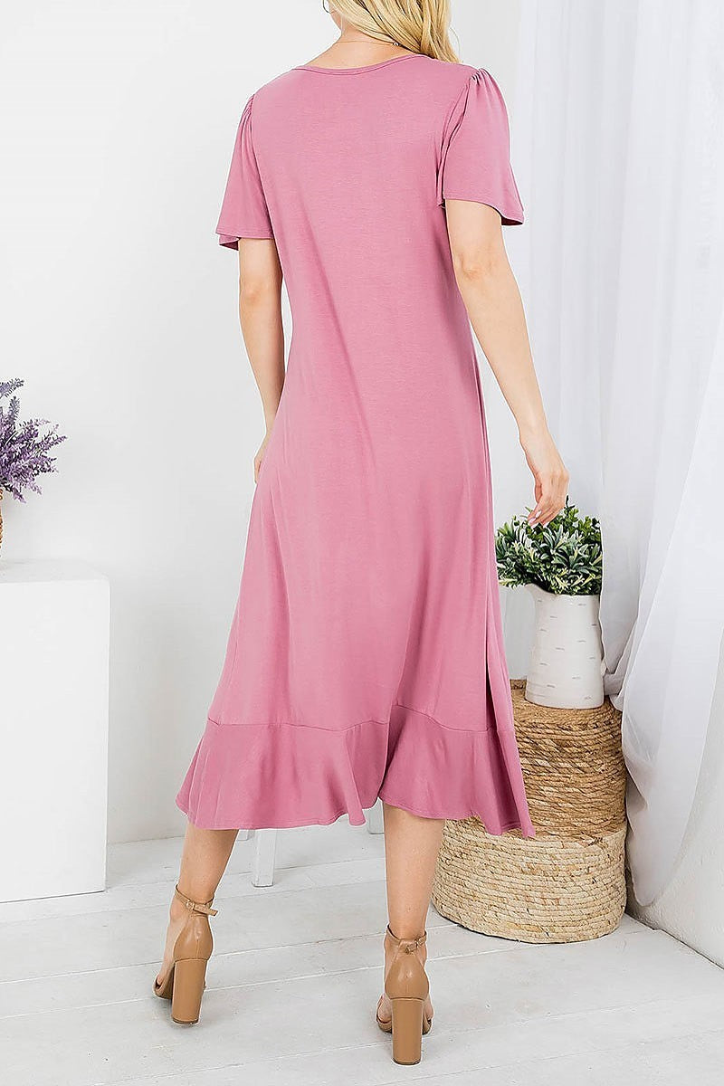 Flutter sleeve aymmetric ruffle hem midi dress (DED7827)