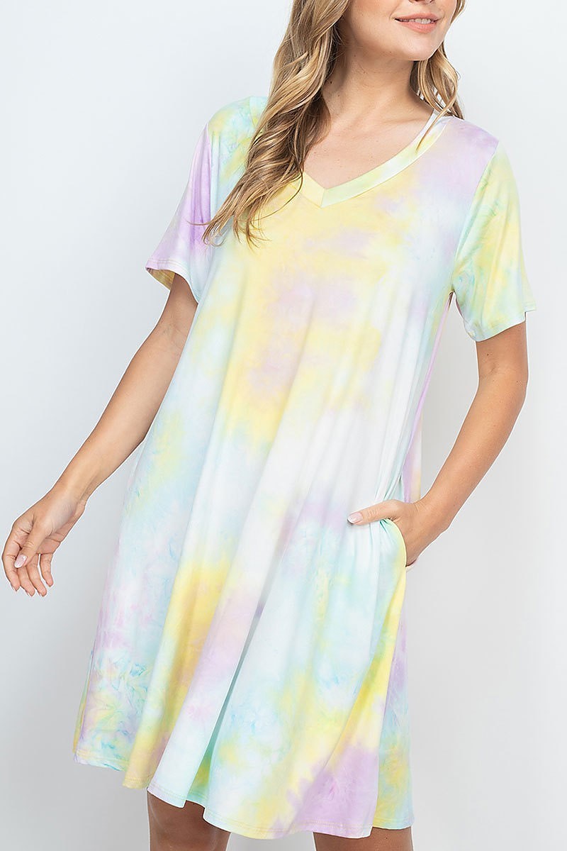 Tie dye v neck pocket swing dress (DED6476)