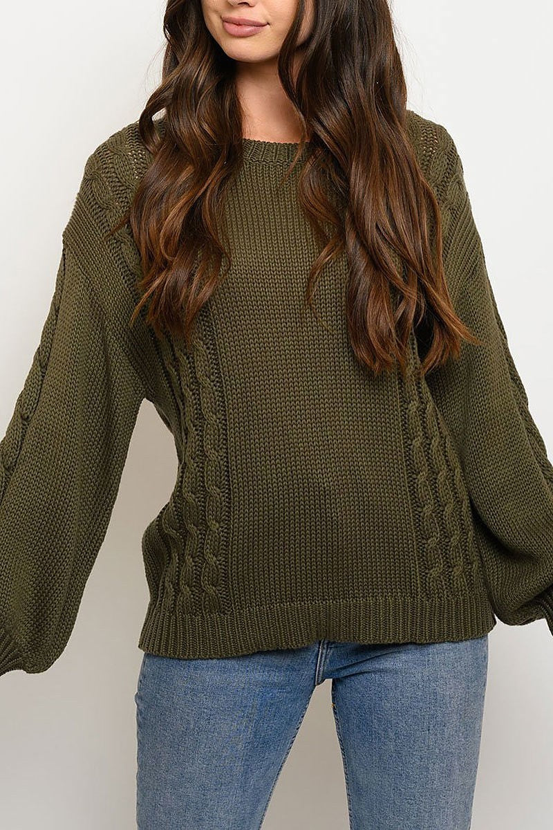 Cable knity long puff sleeve sweater (EDWT3739)