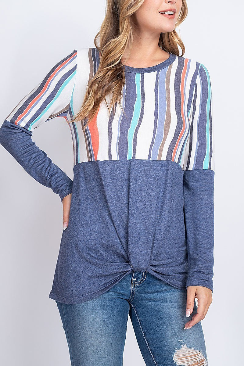 Stripe print twist hem color block top (EF1887)