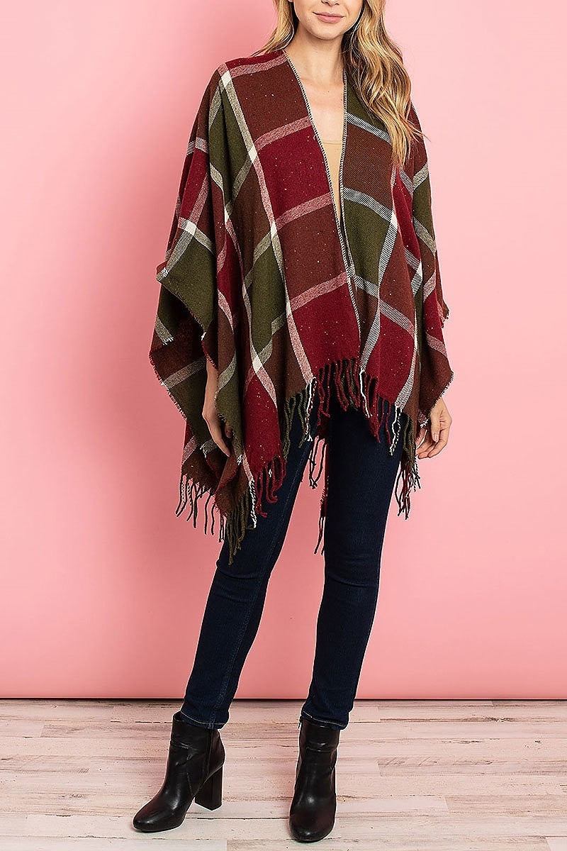 Fringe plaid poncho sweater (DGS4927)