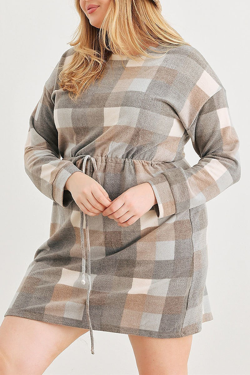 Plaid elastic waist ling sleeve mini dress (TED2098)