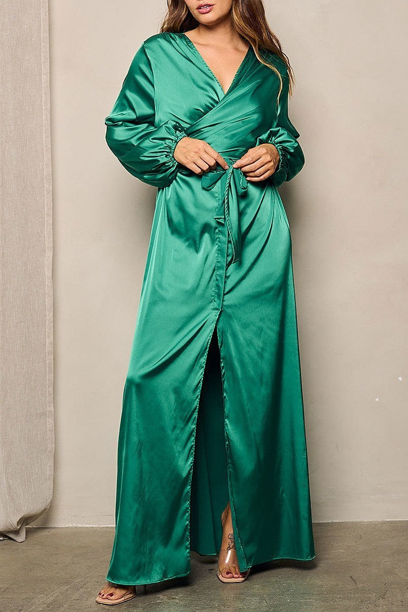 Long sleeves self tie wrap maxi dress (EFWT4384)