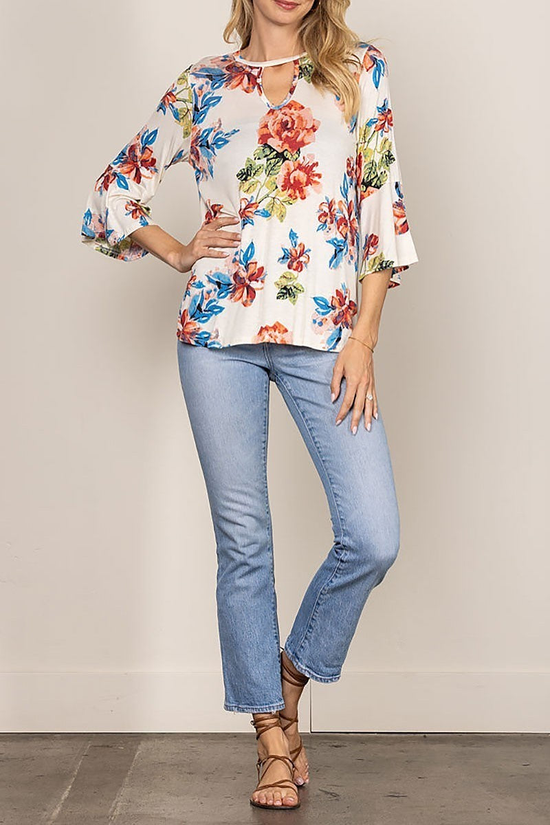 Round keyhole floral print bell 3/4 sleeves top (EDSW4285)