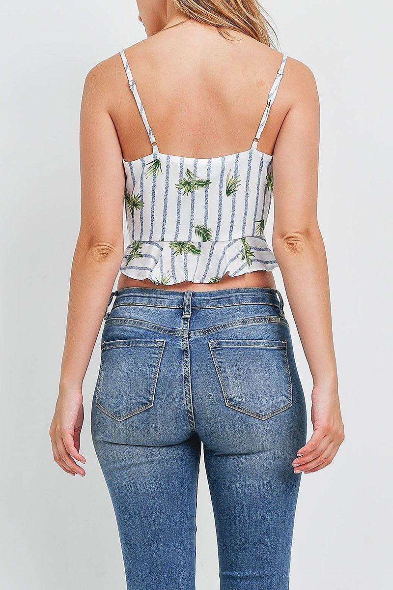 Stripe leaf print ruffle detail crop top (EF1540)