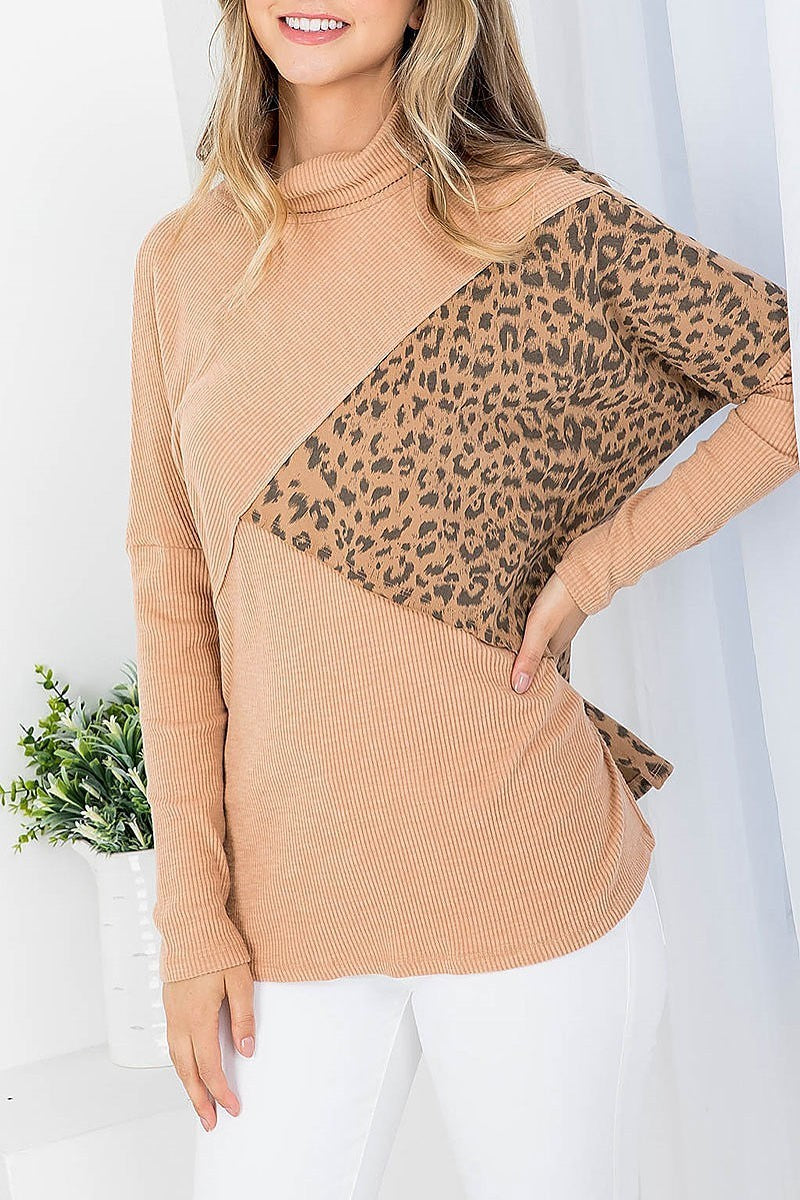 Animal print cowl neck long sleeve ribbed top (DGS5686)