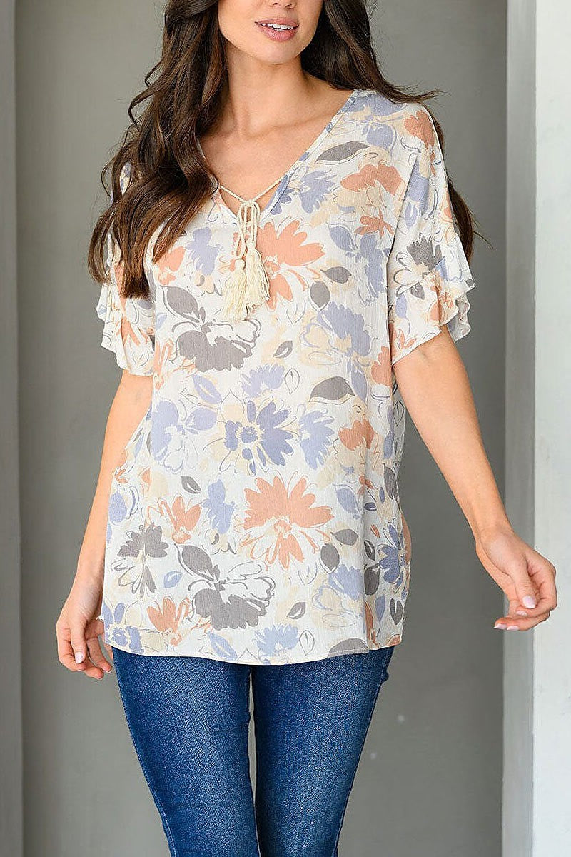 Short ruffle sleeve floral tunic top (EDWT9458)