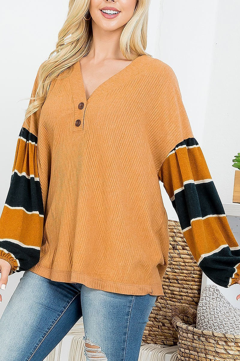 Stripe bubble sleeve color block top (EF4402)